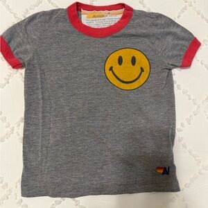 Aviator Nation Kids Gray & Red ringer Tee with Yellow Smiley and Red Trim -sz 4